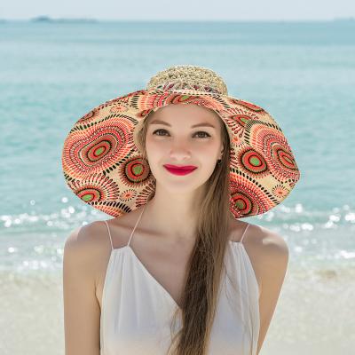 China Fashion Print Travel Hats Women Straw Hat Summer Wide Brim Floral Striped Beach Straw Hat Bowknot Sunshade Beach Hat for sale