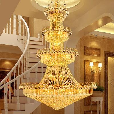 China Luxury Modern Large Gold Crystal Chandelier Luxury Stairs Leaded Crystal Pendant Lights for Hotel Foyer Lighting for sale