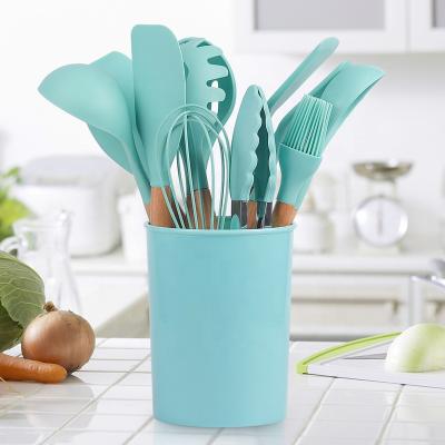 China Sustainable Hot Selling Durable Cooking Tool Kit 12 Pieces Handle Silicone Eco - Friendly Wooden Kitchen Utensils Set for sale