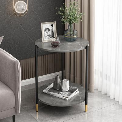 China Simple italian style oval black round shape stainless steel frame two-layer coffee side table with black slate pattern top for sale