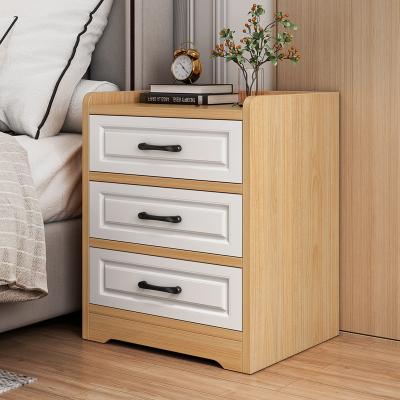 China Nordic minimalist square wooden color bedside storage modern design style wooden bedside table for bedroom, three drawers for sale