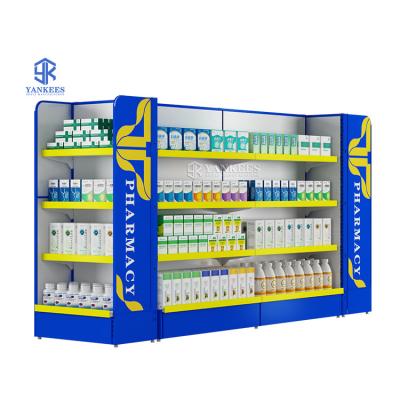 China Modern Double Sided Pharmacy Shelves Display Racks Furniture Pharmacy Store Medical Single or Double Side Adjustable Height for sale