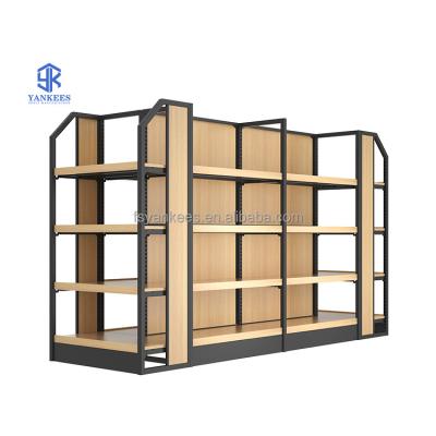 China Double Sided Store Display Racks Metal Supermarket Shelves Pharmacy Snack Wooden Gondola Shelf Display Stands for sale