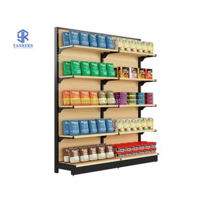 China Retail Store Grain Metal Bazaar Display Supermarket Popular Single Sided Classic Classic Wooden Shelves for sale