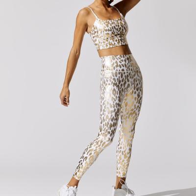 China 2021 QUICK DRY 2 Pieces Golden Leopard Snake Print High Waist Leggings Women Widen To Hem Gym Fitness Sets for sale