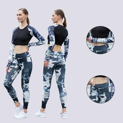 China Print Breathable High Waist Yoga Sports Long Sleeves 2 Piece Women Yoga Set Workout Shirt Gym Butt Lift Pants Leggings Yoga Suit for sale