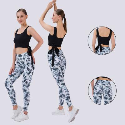 China Print Fitness Women's Breathable Yoga Set 2 Piece Bowknot Sport Yoga Vest Tank Top Gym Printed High Waist Floral Yoga Pants Gaiters Set for sale