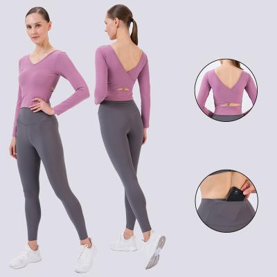 China Breathable Workout Long Sleeve V Neck Shirts Sports Pants Leggings Wholesale Two Pieces Women Yoga Set for sale