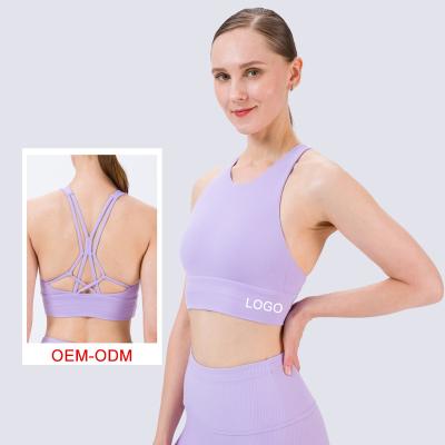 China Tiktok High Neck Bra Women Yoga Sports Bra Breathable Crop Top Fitness Cross Back Straps Hem Off Sports Yoga Hot Sexy Bra for sale