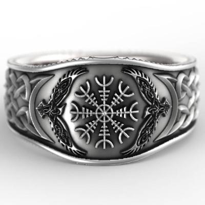 China Retro Hiphop Mythology Viking Celtic Compass Graffiti s925 Thai Silver Ring Man for sale