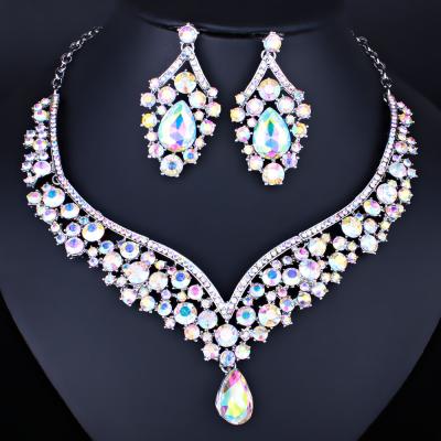 China S548F Fashionable Elegant Explosive Crystal Glass Necklace Exquisite Colorful Drop-shaped Earrings Wedding Jewelry for sale