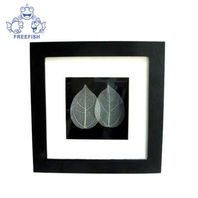 China Decorative square shade wood frame with 2 green leaves, black wood shade frame box with mat for sale