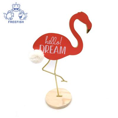 China Other Creative Embossing Flamingo Iron Open Metal Art Wood Bottom Knick-Knack Figurine Ornaments For Home Decorations for sale