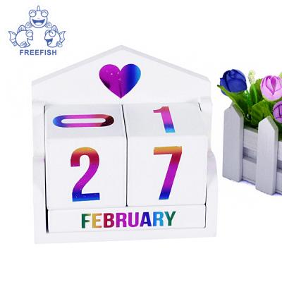 China Europe Desk Wooden Blocks Calendar with Iridescence Text and Numbers - Perpetual Block Month Date Display Home Office Decoration for sale