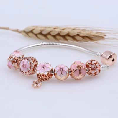 China Fashionable Rose Gold Flower Pink Beads Charm Bracelet Fit S925 Silver With Logopandoraer Original Woman's Favorite Gift for sale