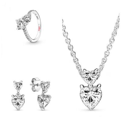 China New Diamond Heart Sparkle Zircon Double Core Zircon Drop Earrings Clavicle Necklace Women Gift TRENDY Jewelry Set Wedding ALE for sale