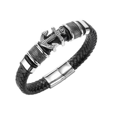 China New Hiphop Men's Stainless Steel Jewelry Vintage Ship Anchor 316 Hip Hop Multilayer Woven Titanium Steel Black Fashion for sale