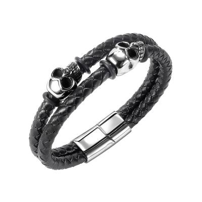 China Hiphop Men's Stainless Steel Jewelry Bracelet 316 Leather Clasp Skull Head Hiphop Multilayer Woven Titanium Steel Magnetic Part for sale