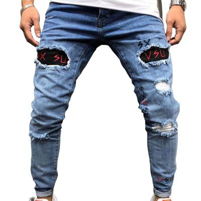 China OEM direct wholesale customization of men's QUICK DRY factory design embroidery casual slim fit pants and legs men's jeans hole for sale