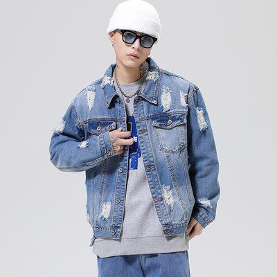 China Factory wholesale men's jacket large size sticker printed coat loose casual fashion tattered ripped hot selling products QUICK DRY for sale