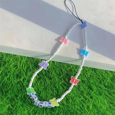 China Handmade Anti-lost Lanyard Beaded Phone Lanyard Phone Chains Heart Resin Colorful Acrylic Imitation Pearl Butterfly Beads and Beads for sale