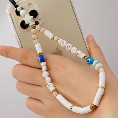 China Soft Clay Mobile Strap Phone Charm Pearl Pottery Beaded Women Lanyard Clay Phone Chain Anti-lost Phone Chain LOVE Letter Jewelry for sale