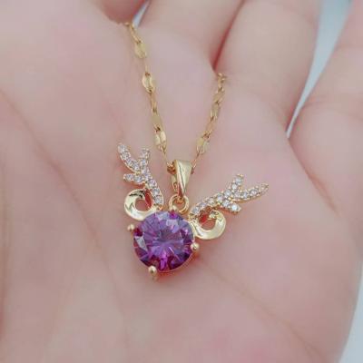 China Christmas Gift Wedding Necklaces Gold Plated Purple Angel Birth Stone Woman Necklace BOHEMIA Deer Horn Christmas Heart Pendant for sale