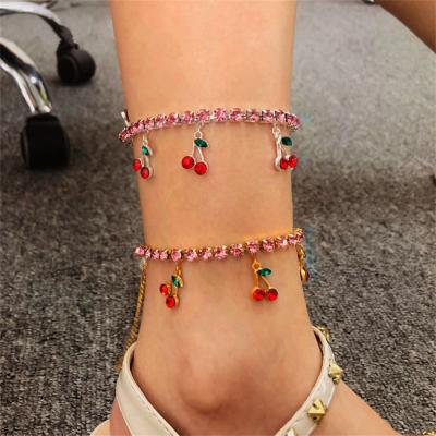 China Large faux stone CLASSIC Cherry Anklet Bracelet Women Bling Bling Crystal Fruit Tennis Ankle Chain Cherry Anklet punk for sale