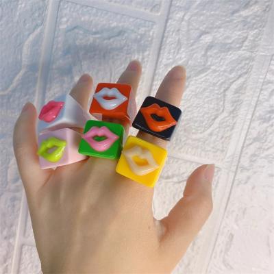 China BOHEMIA Lips Resin Ring Geometric Acrylic Rings Colorful Transparent Candy Hollow Out Square Lip Rings for sale