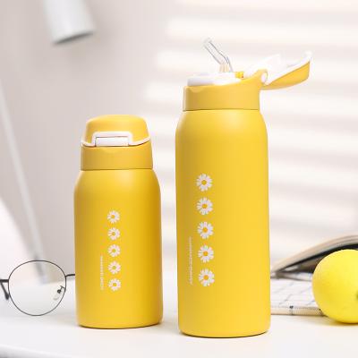 China Double Wall Vacuum Thermos Daisy Style Double Wall 304 Stainless Steel Vacuum Insulated Thermos Flask with Bounce Cup Cover One-Touch Bounce for sale