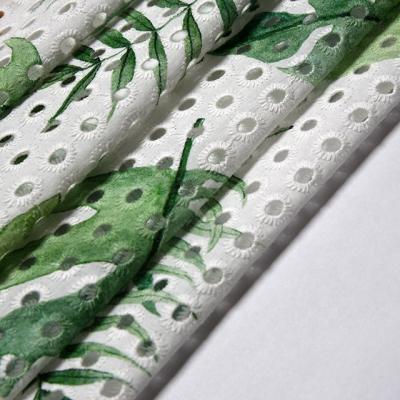 China Fashion Best Popular Leaves Pattern Cotton Eyelet Embroidery Digital Printed Fabric for sale