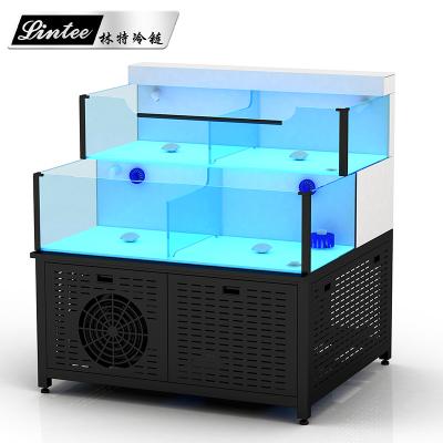 China Supermarket Live Fish Showcase Single-temperature 1.5 KW LED Caster Water Cooler Lintee Stainless Steel Supermarket Restaurant Tank Display Cooler for sale