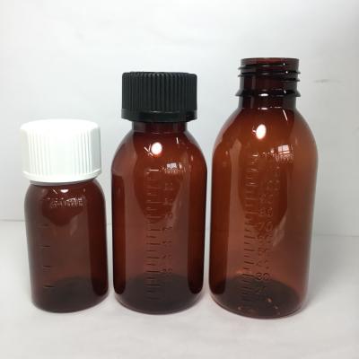 China Cough syrup or medical liquid using 50ml 100ml 120ml cough syrup liquid amber medicine bottles with child safe cap for sale