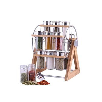 China Viable Spice Display 15-Jar Brown Ferris Wheel Rotating Spice Rack Bamboo Wood for sale