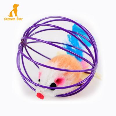 China Viable Promotional Cheap Kitten Pet Toy Plush Mouse in Cage Interactive Cat Teaser Ball for sale