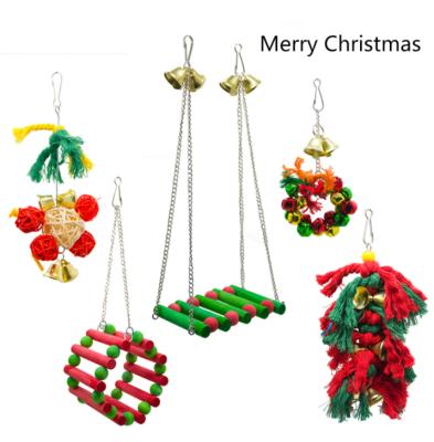 China Wholesale Christmas Style Viable Christmas Ball Hammock Pet Hammock Colorful Wooden Swing Bird Toy Set of 5 Parrots Toys for sale