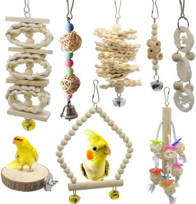 China Viable Wholesale Hot Sale Natural Wooden Bell Pet Parrot Safe Hanging Cage Toys Bird Swing Chew Toy Set for sale