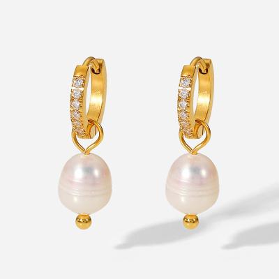 China FASHIONABLE INS18K Gold Plated Titanium Steel Zircon Micro Set Earrings With Imitation Pearl Dangle Earrings For Women for sale