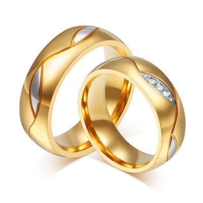 China Romantic Lover's Ring Jewelry Cute Stainless Steel Zircon Gold Couples Ring Sets 18k Gold Plated Romantic For Wedding for sale