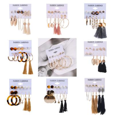 China FASHIONABLE Bohemian Vintage Geometric Leaf Pearl Acrylic Tassel Earring Earings Set For Women for sale