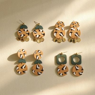 China FASHIONABLE Wholesale Geometric Girls Alloy Disc Leopard Print Graffiti Paint Acrylic Resin Drop Earrings for sale