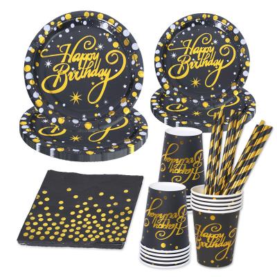 China Gender Reveal Party Supplies Black and Gold Birthday Party Supplies Disposable Party Dinnerware Plates Set for sale