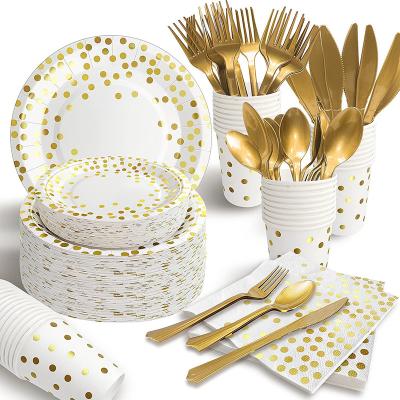 China Disposable Eco-Friendly White and Gold Dot Party Supplies Disposable Dinnerware Set for Birthday Fathers Day Valentines Day for sale