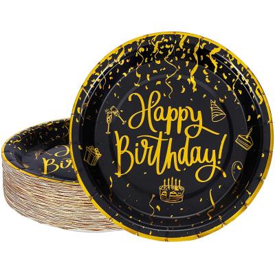 China Food Contaienr 7 Inch Happy Birthday Black and Gold Party Dishes Dessert Dishes Party Supplies for Birthday Party for sale