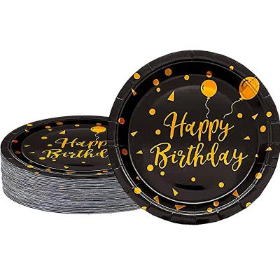 China Food Contaienr Happy Birthday Black And Gold Balloon Party Plates Dessert Dishes Party Supplies For Birthday Party for sale