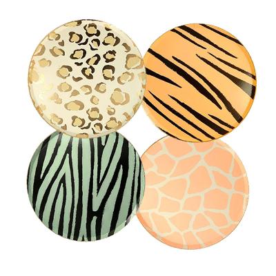 China Food Contaienr Customized Round Safari Animal Paper Plate Leopard Printing Party Themes Tableware Decorations Tray for sale