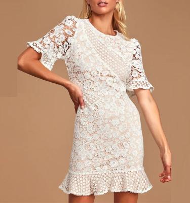 China Anti-Static Embroidery Lace Hollow Round Neck Flared Short Sleeve Frill Mini Dresses Women for sale