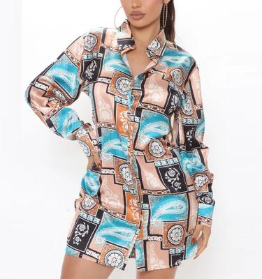 China PRINT Anti-Static Long Sleeve Split Side Mini Shirt Dress Women Office Ladies Dresses for sale