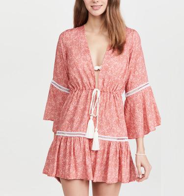 China Anti-pilling Print Contrast Lace Drawstring Tassels Waist Ruffles Sleeve Tunic Flared Shirts Beach Kimono Women for sale