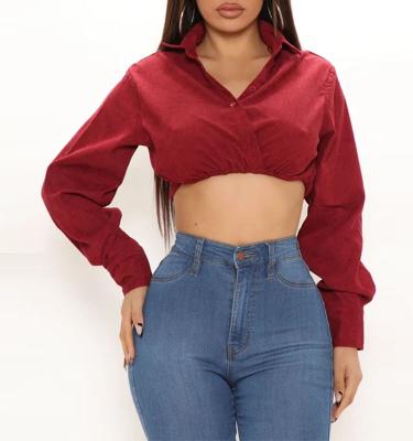 China Wholesale Corduroy Anti-Pilling Collared Long Sleeves Buttons Cropped Blouse Top Women for sale